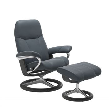 Fotoliu recliner cu taburet Stressless Consul Signature M cadru Grey tapiterie piele Batik Atlantic Blue