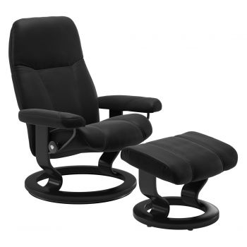 Fotoliu recliner cu taburet Stressless Consul Classic M cadru Black tapiterie piele Paloma Black