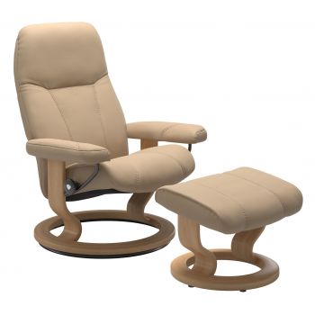 Fotoliu recliner cu taburet Stressless Consul Classic M cadru Oak tapiterie piele Paloma Beige