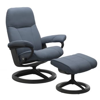 Fotoliu recliner cu taburet Stressless Consul Signature M cadru Black-Grey  tapiterie piele Paloma Sparrow Blue