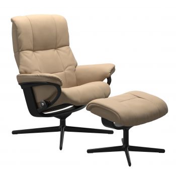 Fotoliu recliner cu taburet Stressless Mayfair Cross M cadru Black tapiterie piele Paloma Beige