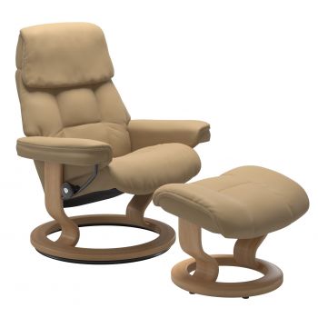 Fotoliu recliner cu taburet Stressless Ruby M Classic baza Oak tapiterie piele Paloma Sand