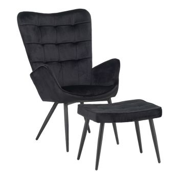 Fotoliu cu taburet Dorita catifea neagra picior metalic negru 68.5x76x103 cm Fotoliu cu taburet Dorita catifea neagra picior metalic negru 68.5x76x103 cm