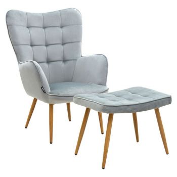 Fotoliu Maddison cu suport pentru picioare - perna catifea gri - culoare lemn natural 68x72x98cm Fotoliu Maddison cu suport pentru picioare - perna catifea gri - culoare lemn natural 68x72x98cm