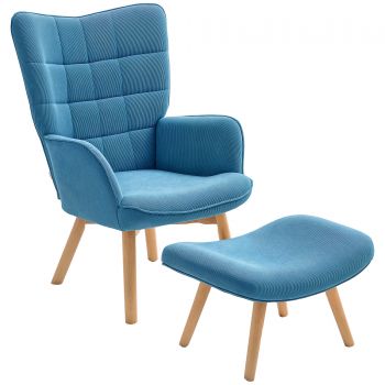 HOMCOM Fotoliu Accent cu Otoman, Fotoliu de Relaxare cu Aspect de Cord, Fotoliu cu Brate de Lemn, pentru Living, Albastru | Aosom Romania HOMCOM Fotoliu Accent cu Otoman, Fotoliu de Relaxare cu Aspect de Cord, Fotoliu cu Brate de Lemn, pentru Living, Albastru | Aosom Romania
