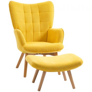 HOMCOM Fotoliu Accent cu Taburet, Fotoliu de Relaxare în Aspect de Catifea, Fotoliu cu Brațe și Picioare de Lemn, pentru Sufragerie, Galben | Aosom Romania HOMCOM Fotoliu Accent cu Taburet, Fotoliu de Relaxare în Aspect de Catifea, Fotoliu cu Brațe și Picioare de Lemn, pentru Sufragerie, Galben | Aosom Romania