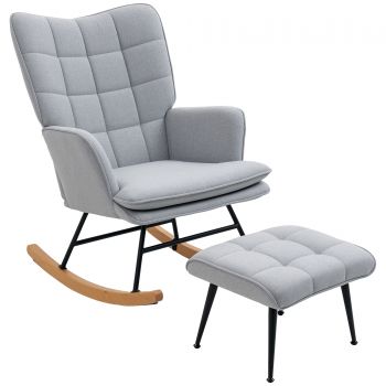 HOMCOM Fotoliu cu leagăn și otomană în design scandinav Fotoliu cu taburet, Lemn de fag, Captuseală, 64 cm x 89 cm x 90 cm Gri | Aosom Romania HOMCOM Fotoliu cu leagăn și otomană în design scandinav Fotoliu cu taburet, Lemn de fag, Captuseală, 64 cm x 89 cm x 90 cm Gri | Aosom Romania